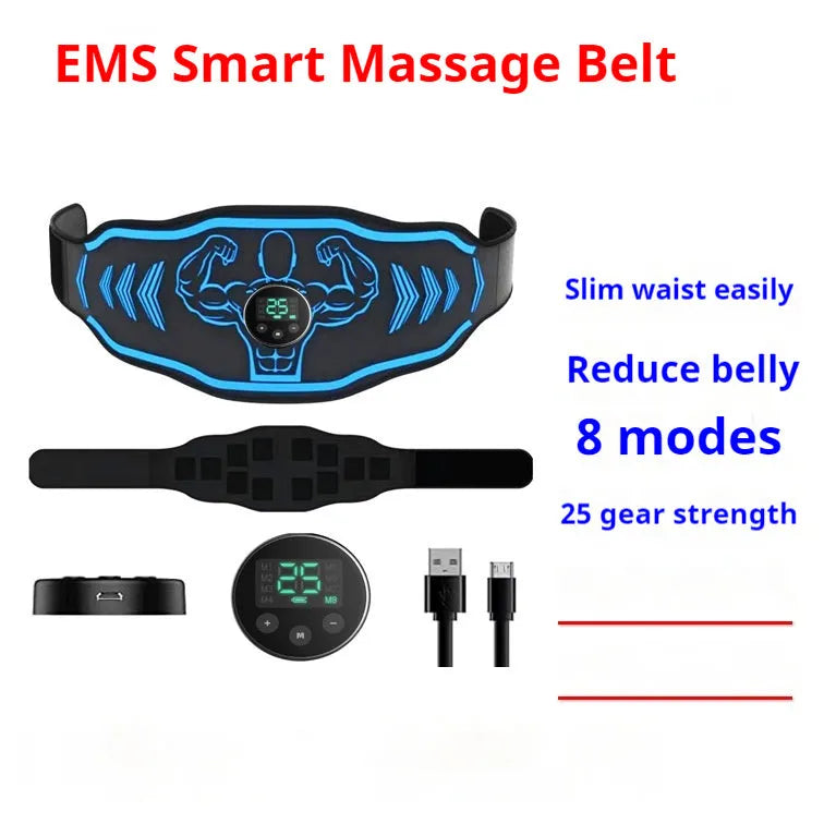 Smart EMS Massage Belt fitness equipment with blue host, main belt, and arm stickers on a grey background.