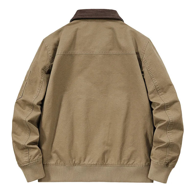 Men's washed cotton baseball jacket in Army Green, shown on a hanger.