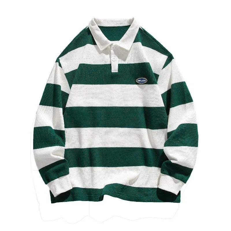 Hong Kong style pearl cotton polo shirt with lapel collar in striped loose fit design