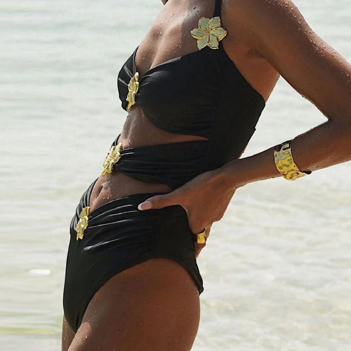 Female solid color one-piece swimsuit with high waist tube top and matching short skirt in black, white, pink or red