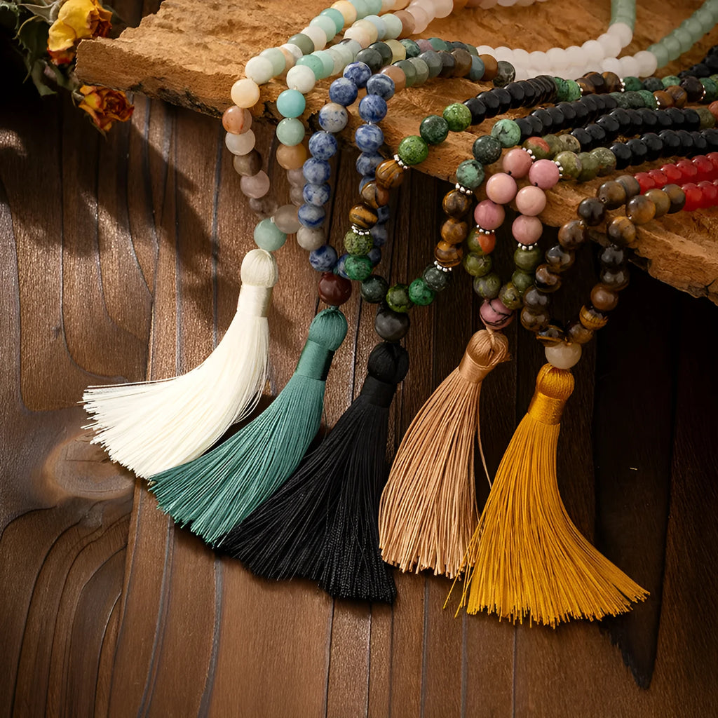 Vintage tassel bohemian style long necklace with geometric stone beads and matching bracelet
