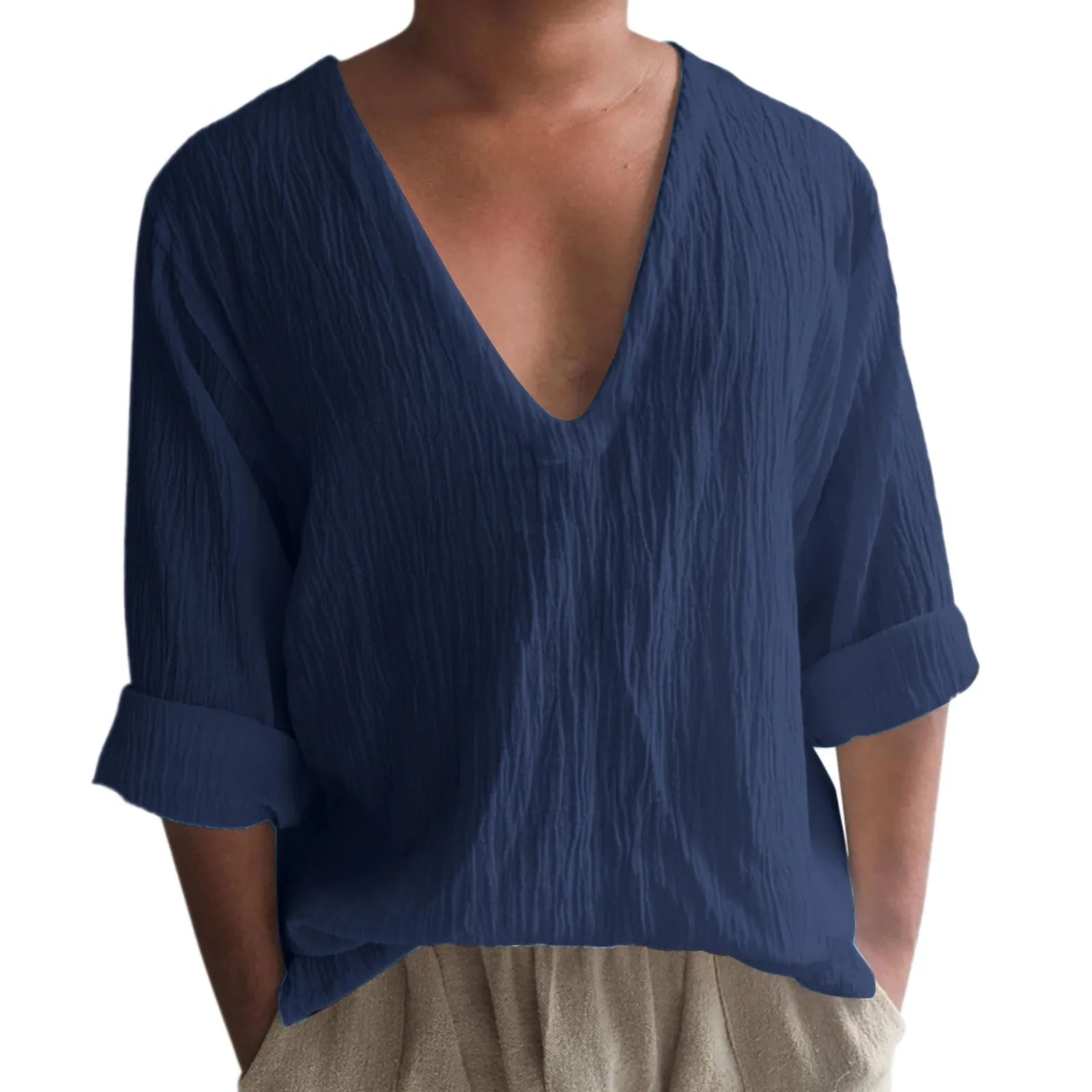 Men's solid colour V-neck long sleeve t-shirt in washed cotton fabric on a hanger