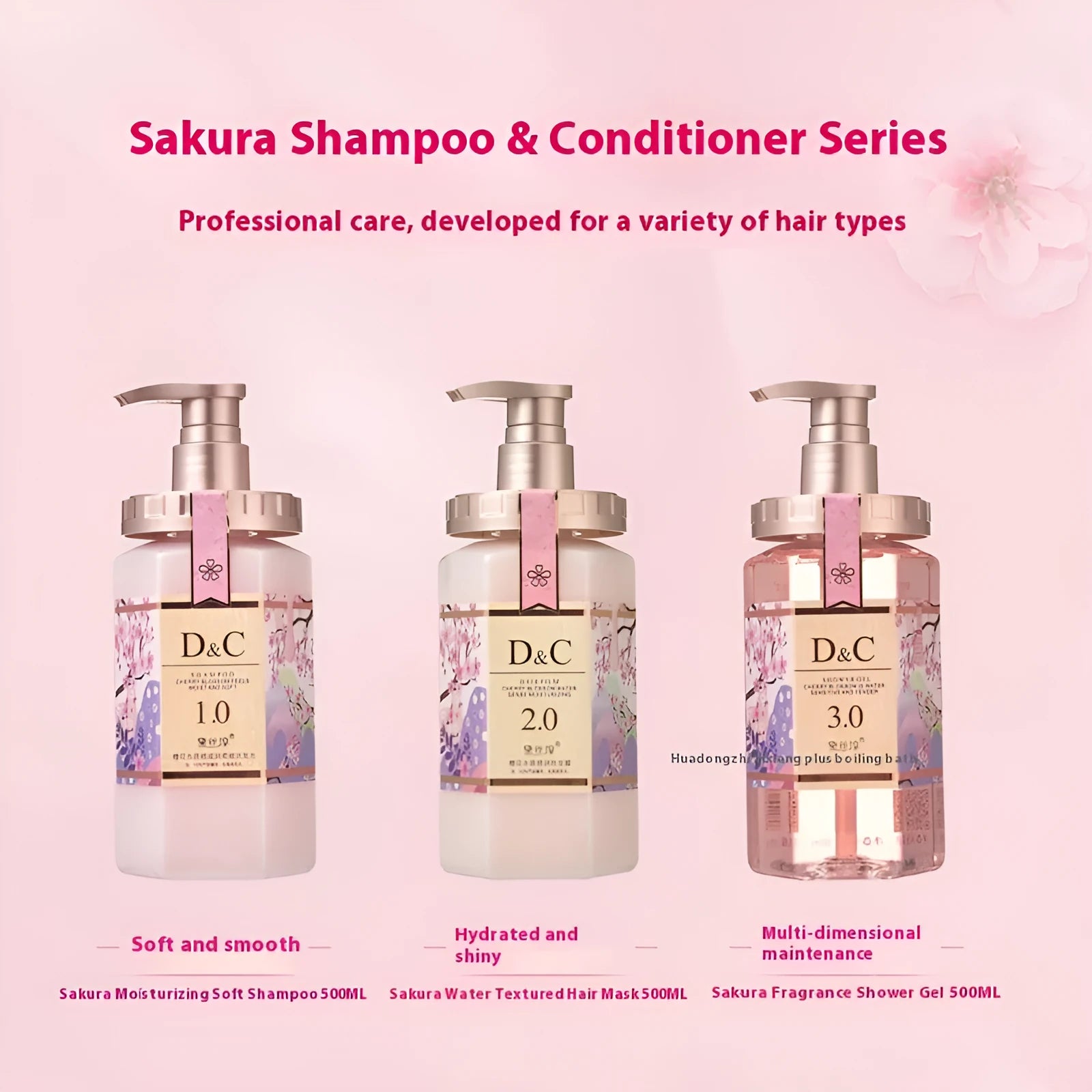 Sakura shampoo conditioner shower gel set 500ml bottles deep cleaning oil control