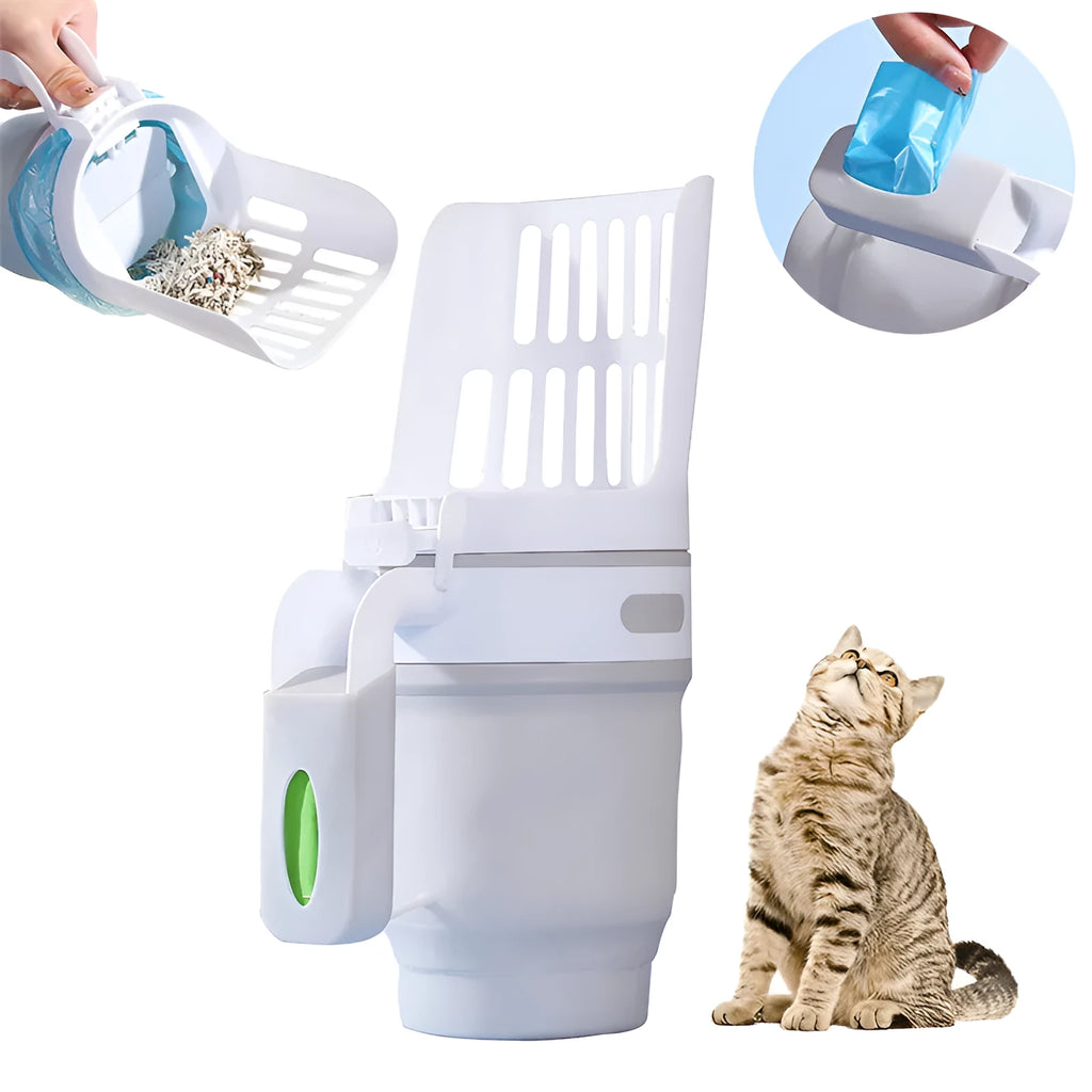 Grey foldable cat litter scoop with waste collection lid and refill bags for pet cleanup