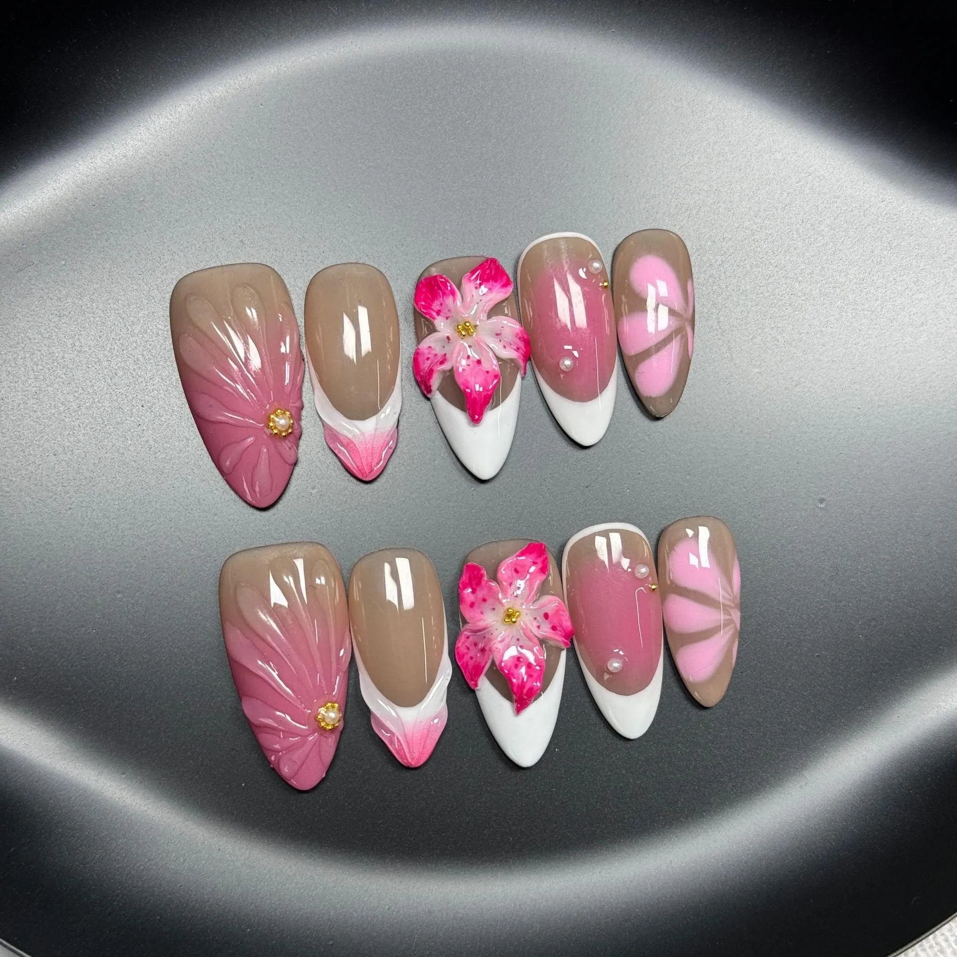 French style lily fluid ice flower 3D design press on nails in almond shape, sizes XS to L