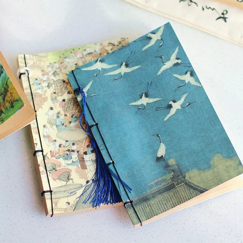 A5 antique wire-bound notebook with retro painting design on white cowhide cover