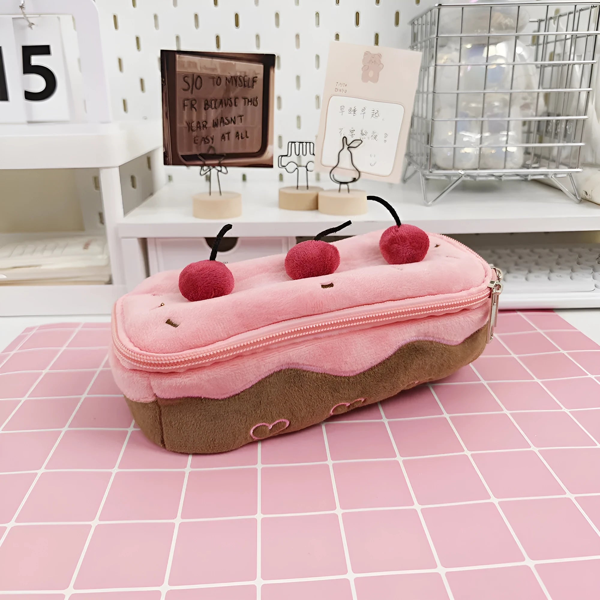 Korean style Cherry Cake design plush velvet pencil bag for pen organisation