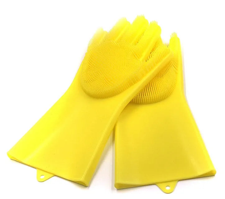 Silicone cleaning gloves with textured scrubbing surface in assorted colours