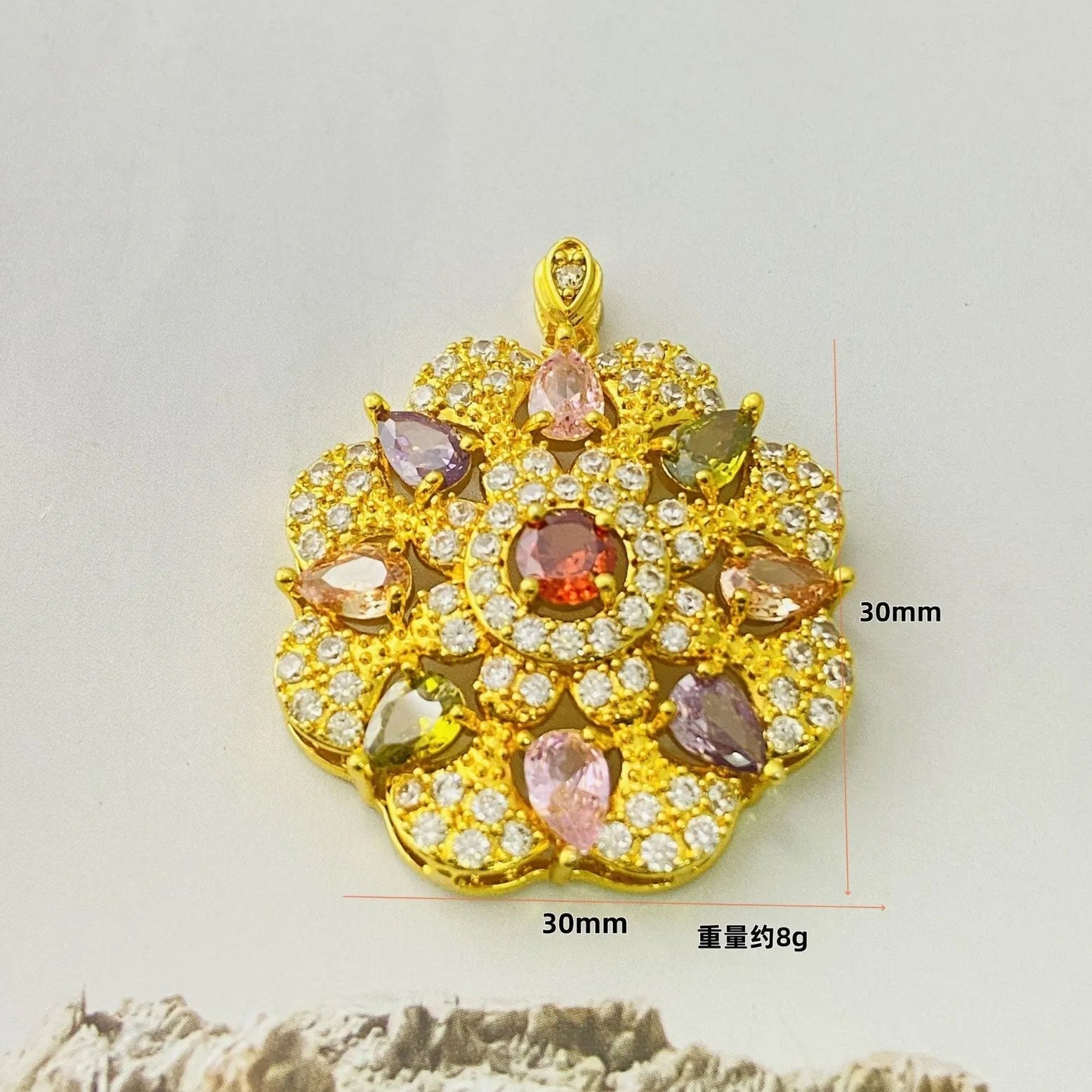 Women's flower-shaped zircon pendant necklace in gold tone on a model.