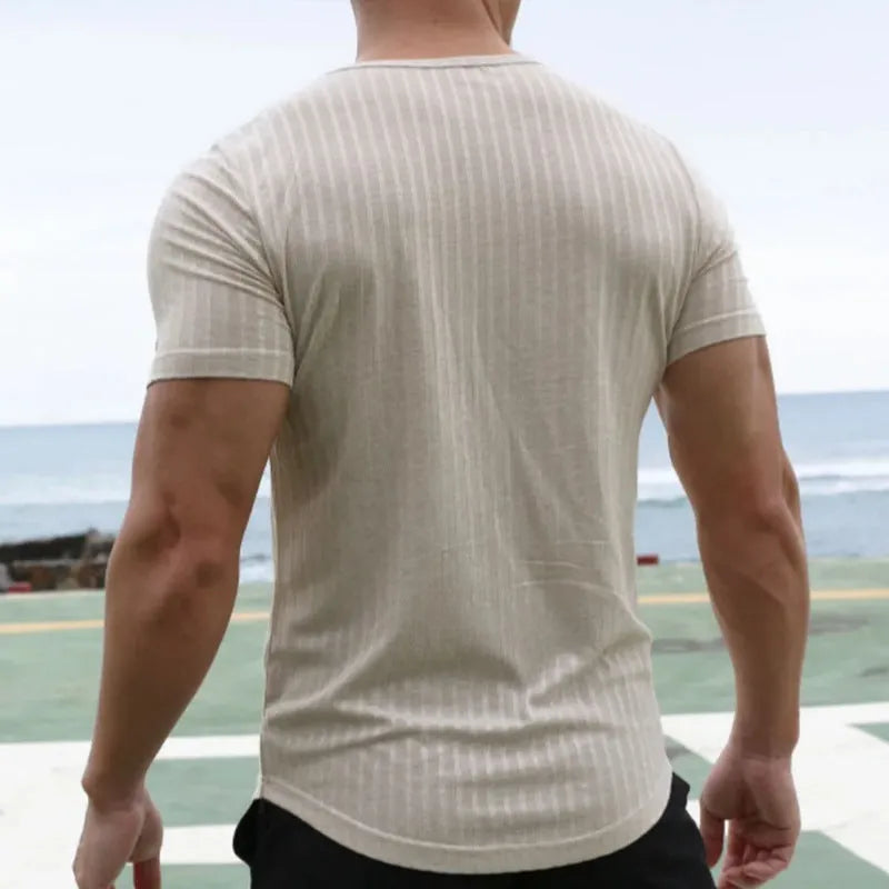 Men's solid white cotton blend loose short sleeves pullover t-shirt on model