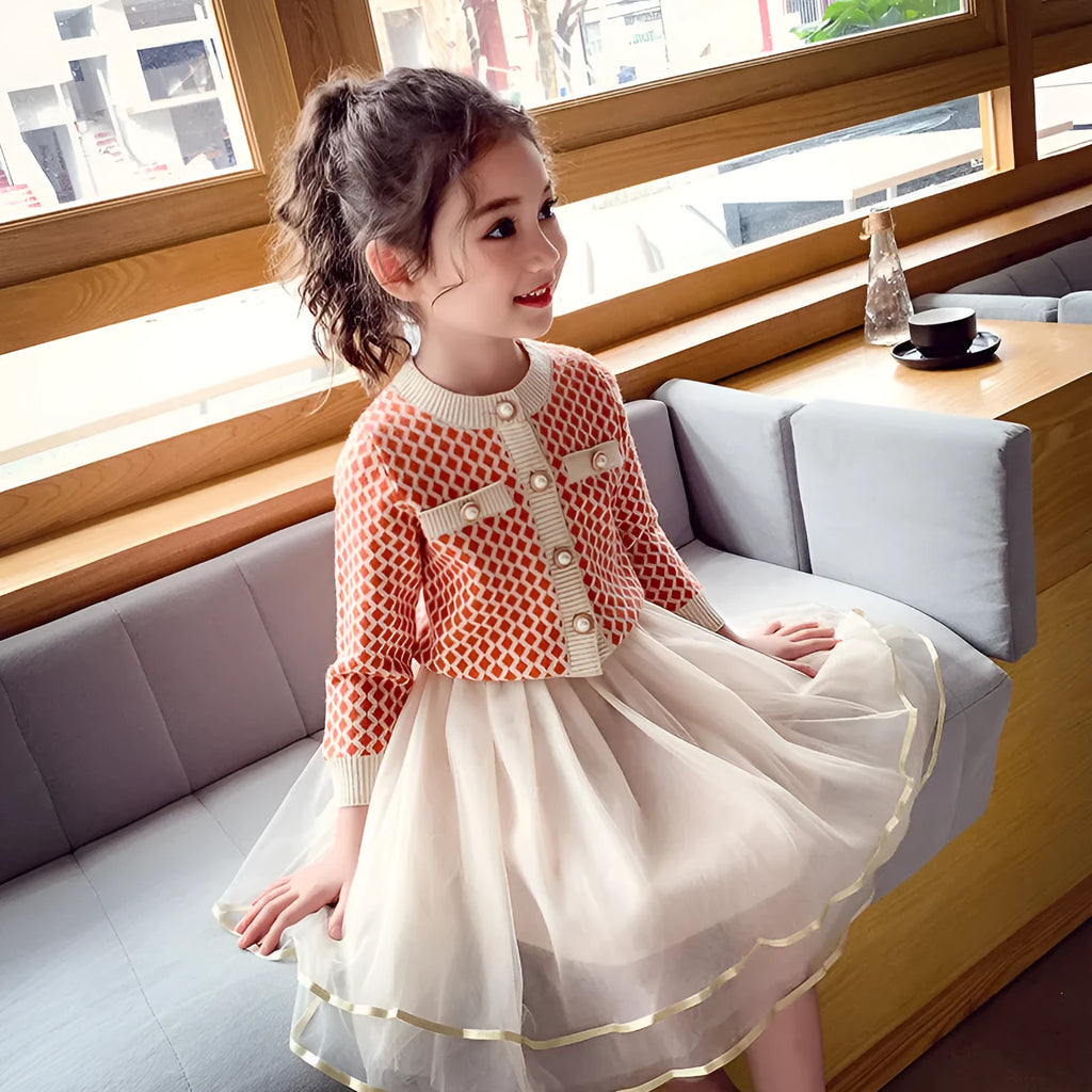 Girls' orange modal two-piece suit with A-line skirt for heights 100cm to 160cm