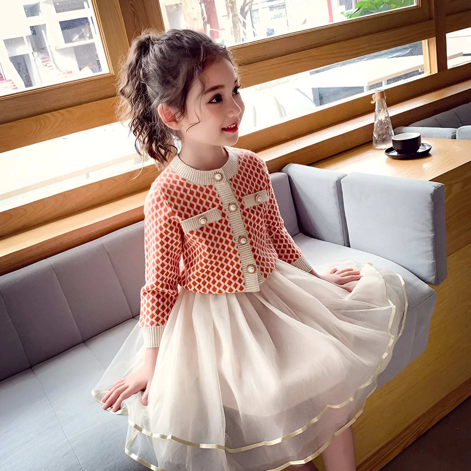 Girls' orange modal two-piece suit with A-line skirt for heights 100cm to 160cm