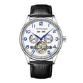 Business men's mechanical watch with hollow dial, stainless steel case, and leather strap