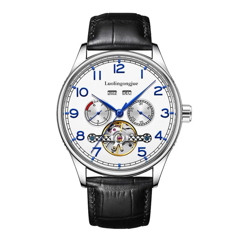 Business men's mechanical watch with hollow dial, stainless steel case, and leather strap