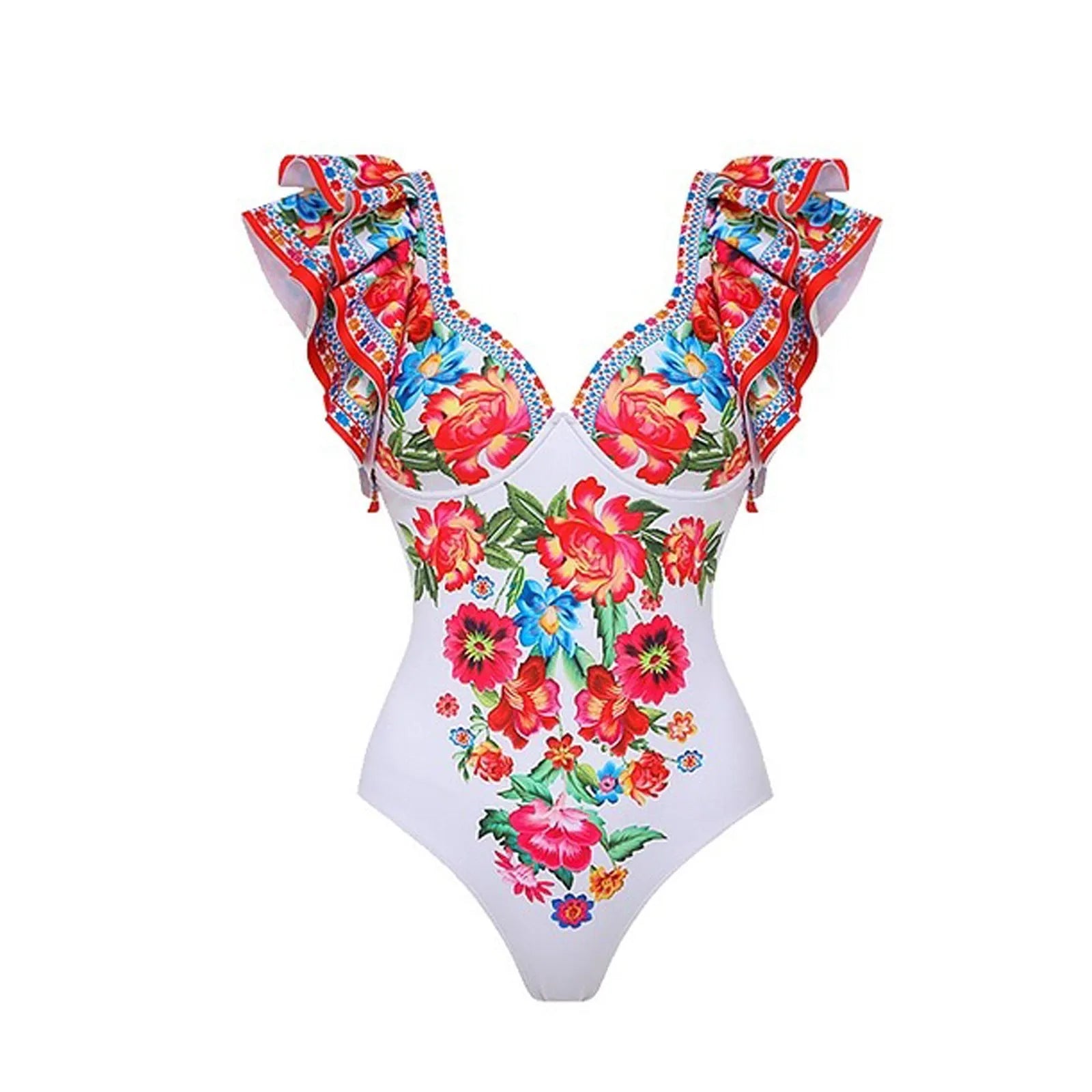 Adult woman modelling a printed one-piece swimsuit in a choice of colours including rose pink, blue, white, and a red apron set style.