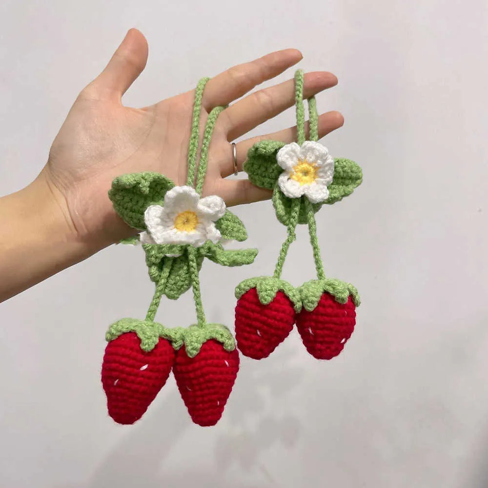 Handmade strawberry car pendant decoration made from cotton and hemp cord