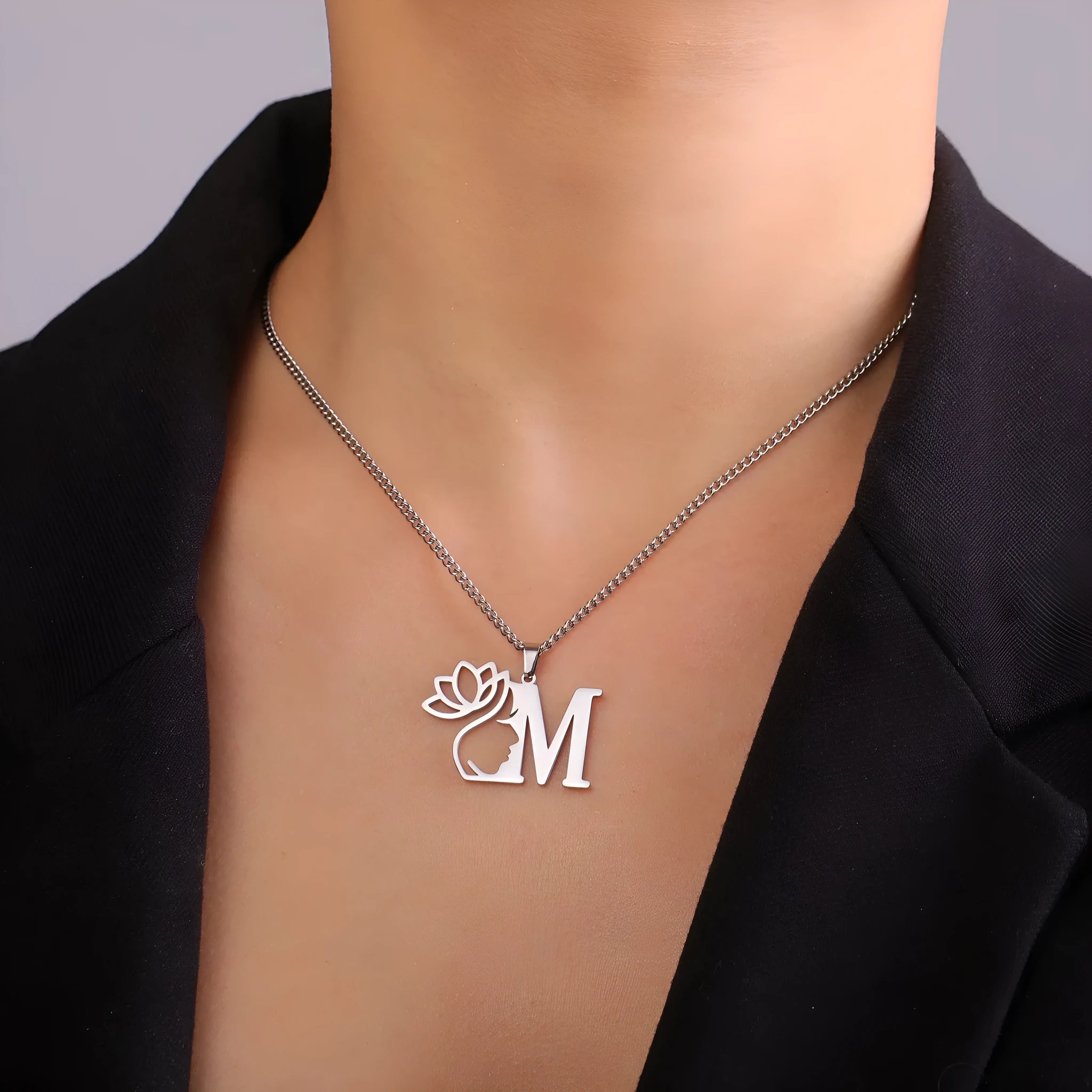 Stainless steel necklace with cross chain design and initial pendant in gold or silver finish