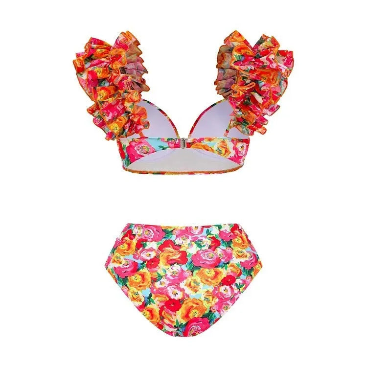 Women's floral push-up bikini set with high-waist briefs on a mannequin.