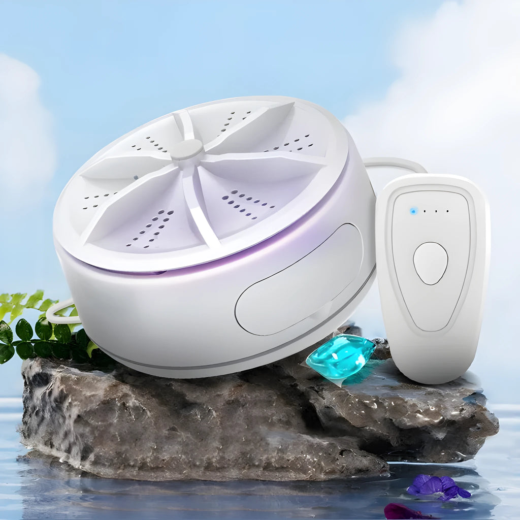 White ABS plastic portable turbo washing machine with remote control, USB power, and colour box packaging