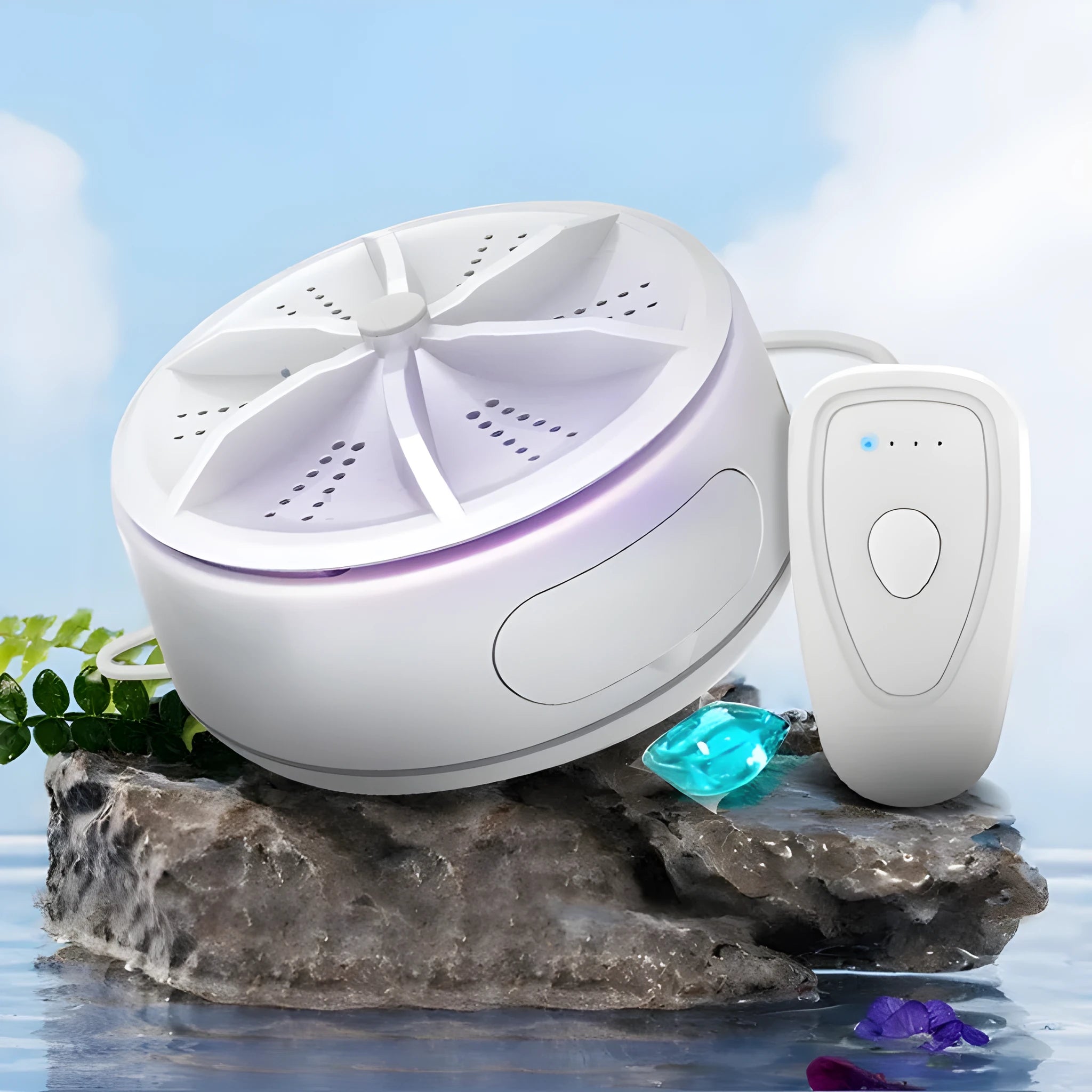 White ABS plastic portable turbo washing machine with remote control, USB power, and colour box packaging