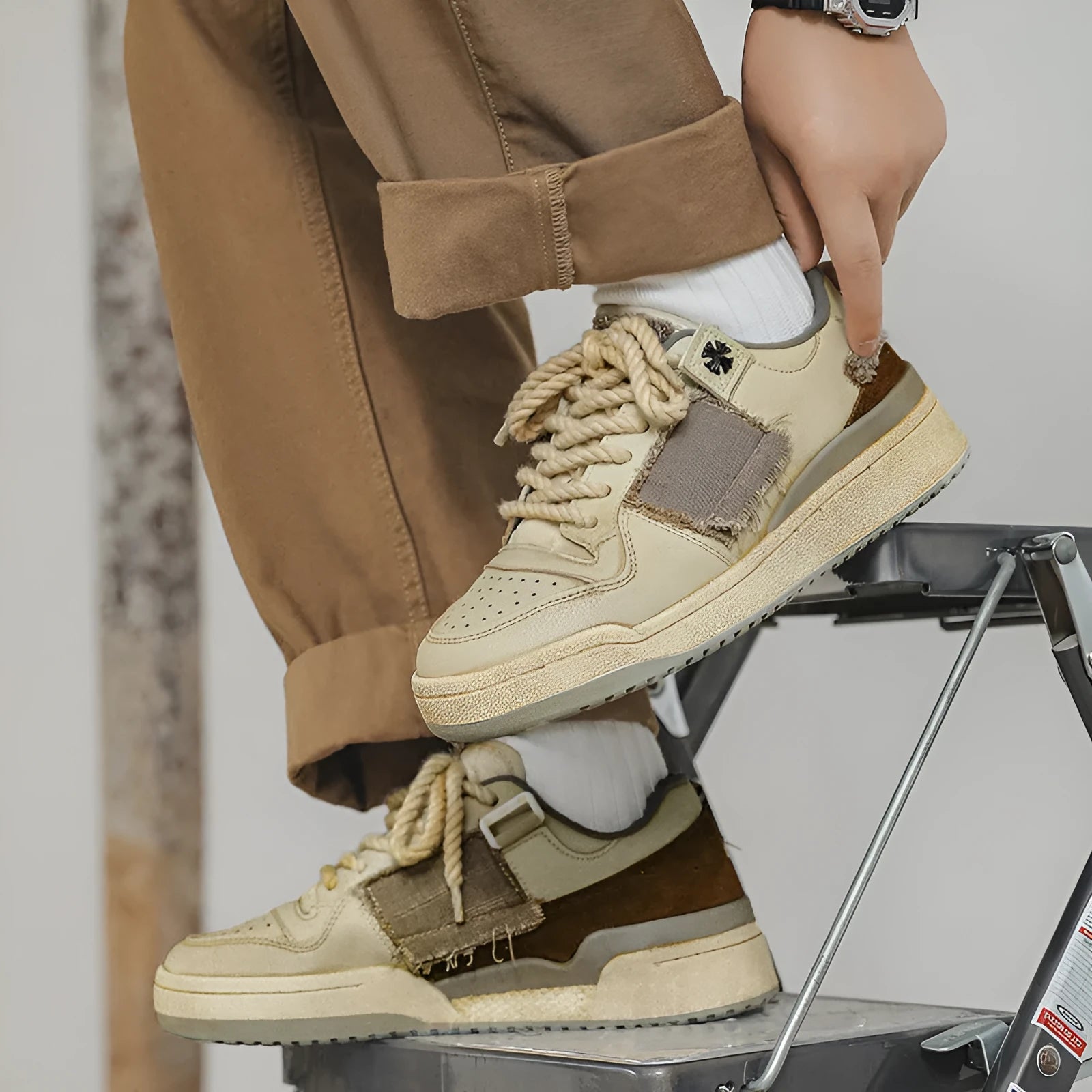 Beige microfiber skateboard shoes with flat rubber sole and lace-up closure