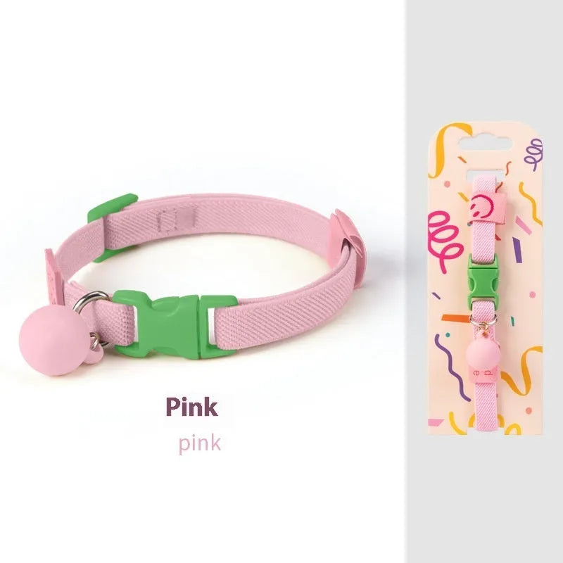 Small elastic polyester dog collar shown in various colours, adjustable from 22 to 32 cm for tiny dog breeds.