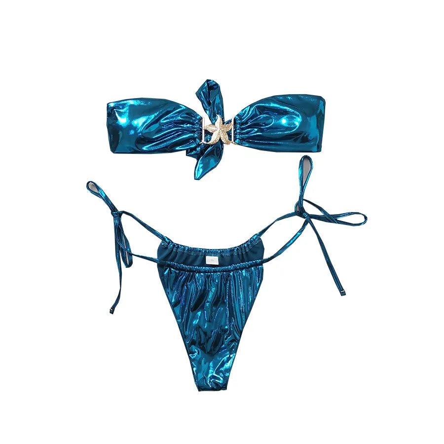 Glossy sapphire blue women's tube top bikini with a gold starfish decoration on the briefs.