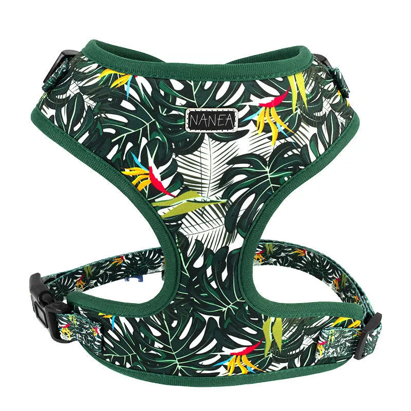 Six-piece cloth dog harness set with chest back, leash, collar, waste bag, bow tie, and scarf in various colours