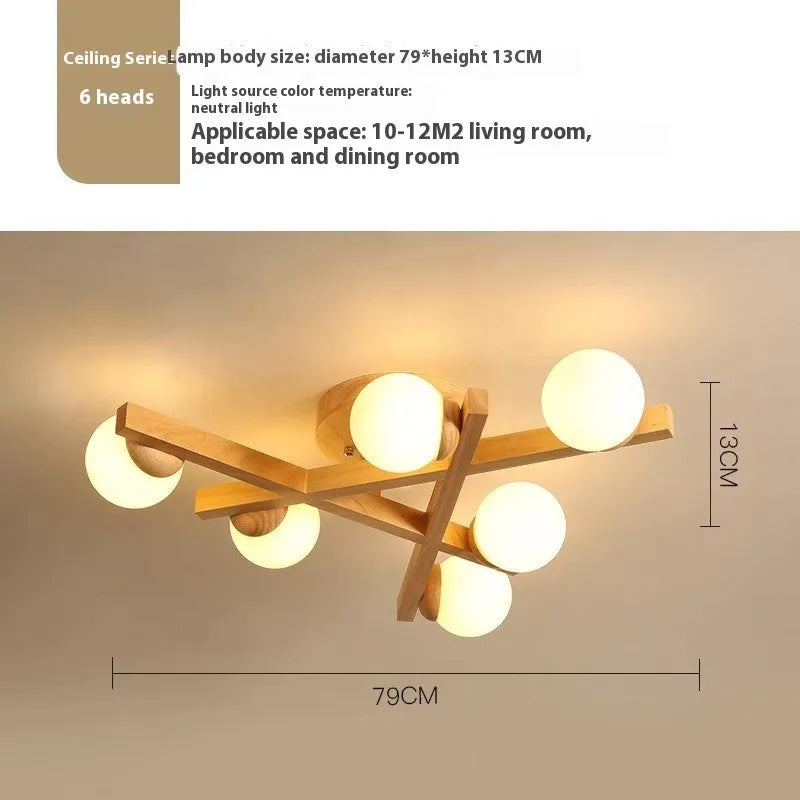 Wooden style modern ceiling lamp with three light heads in Nordic design for living rooms