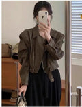 Women's brown retro leather coat jacket with slim fit street fashion style and regular sleeves
