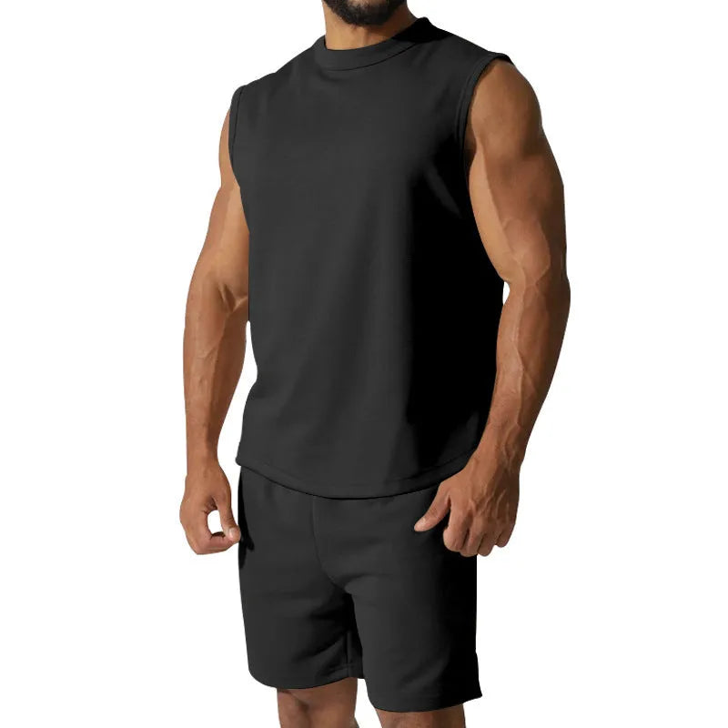 Men's sleeveless sports suit set in cotton blend with matching shorts in solid colour options