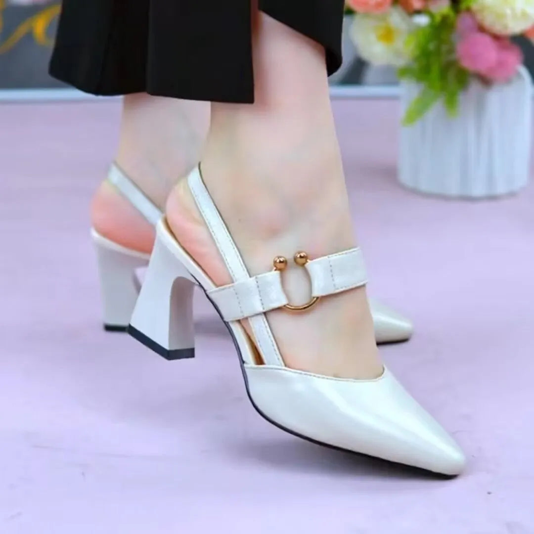 Women's closed toe leather sandals with a chunky high heel in apricot colour