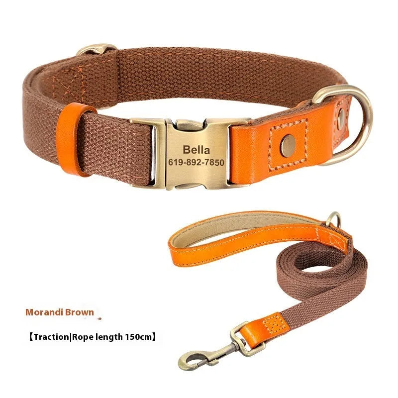 Small dog mohair collar and matching traction rope in green, shown with coordinating lettering.