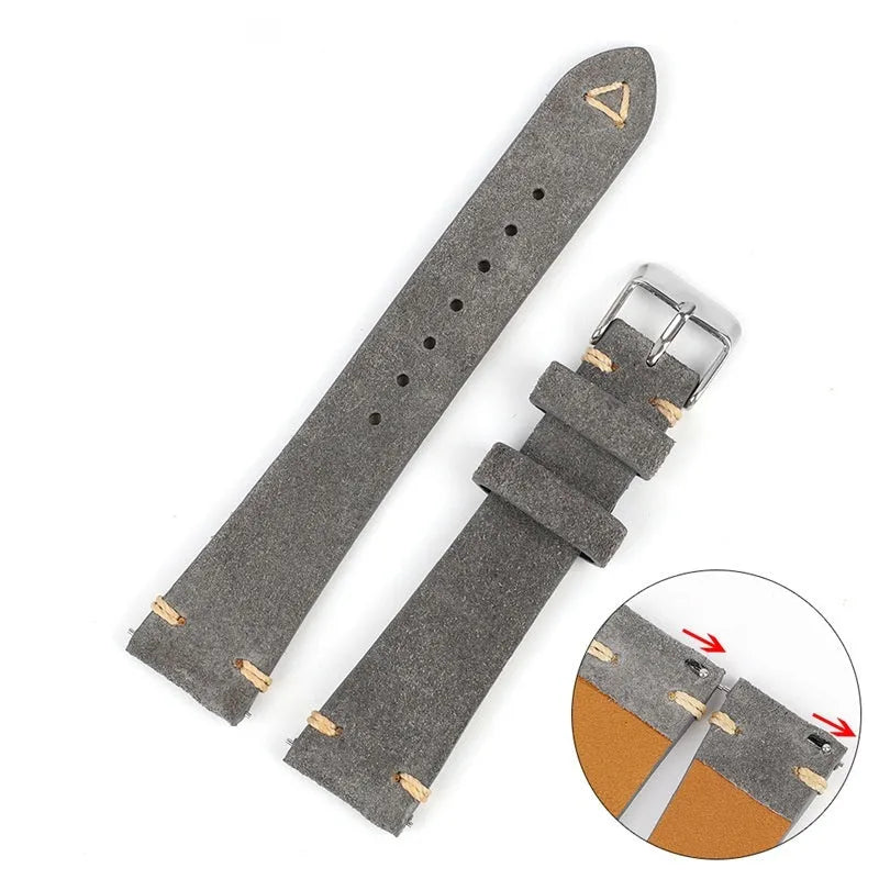 Genuine suede leather watch strap in four colour options for 20mm or 22mm watches
