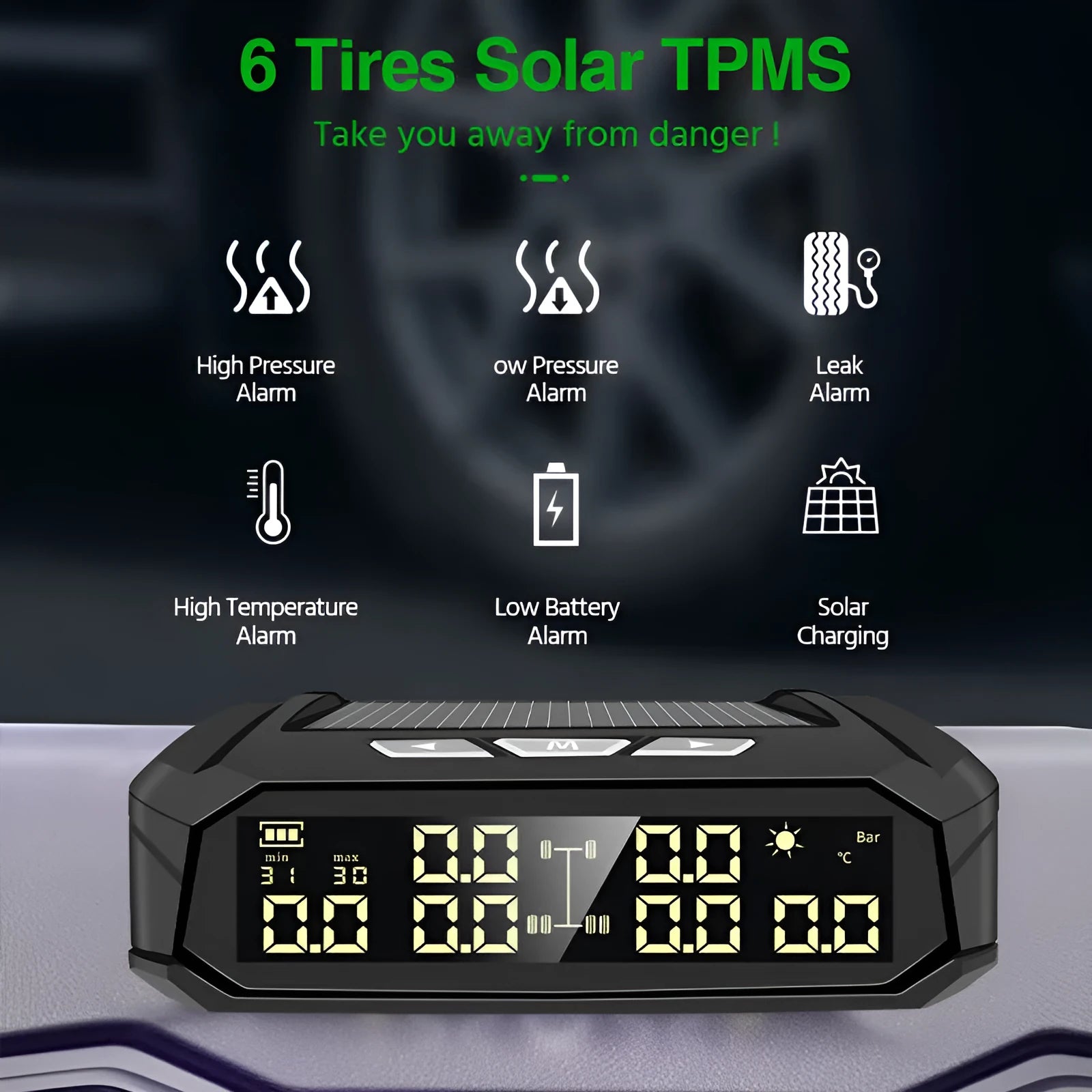 Solar-powered external tyre pressure monitor display unit with colour screen for six-tire trucks
