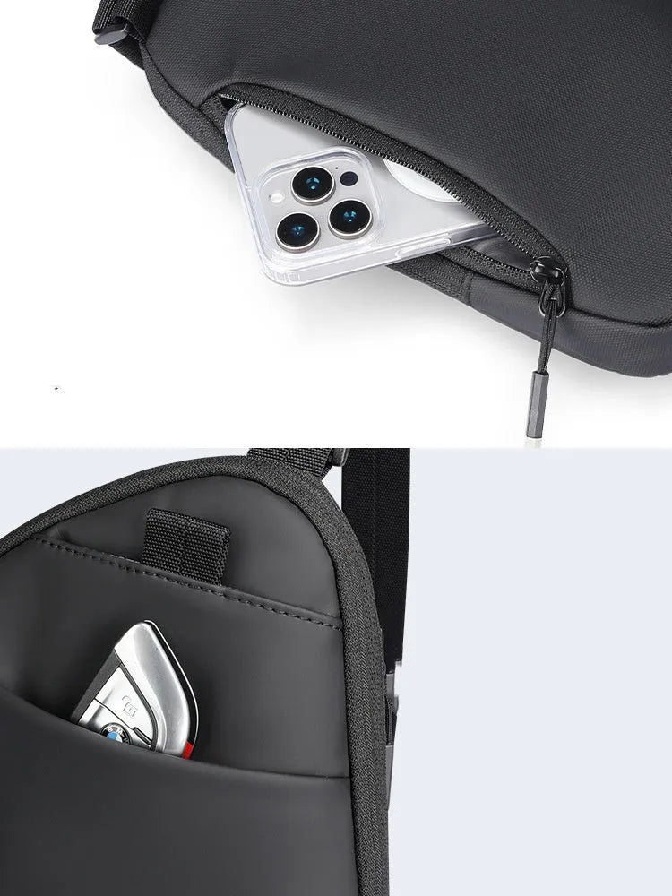 Men's simple black crossbody bag made from lightweight Oxford cloth.