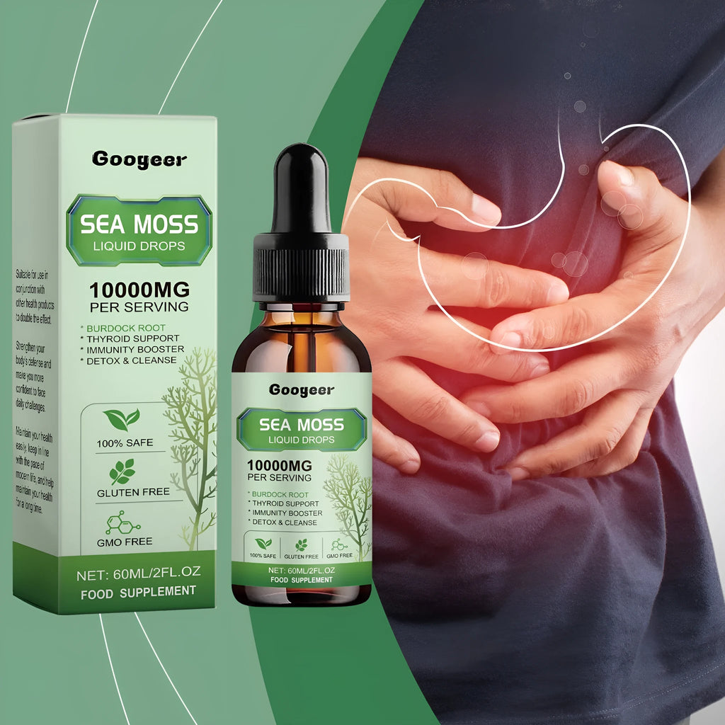 Googeer Sea Moss Liquid Drops body treatment bottle, 60ml capacity, 3.3x12cm.