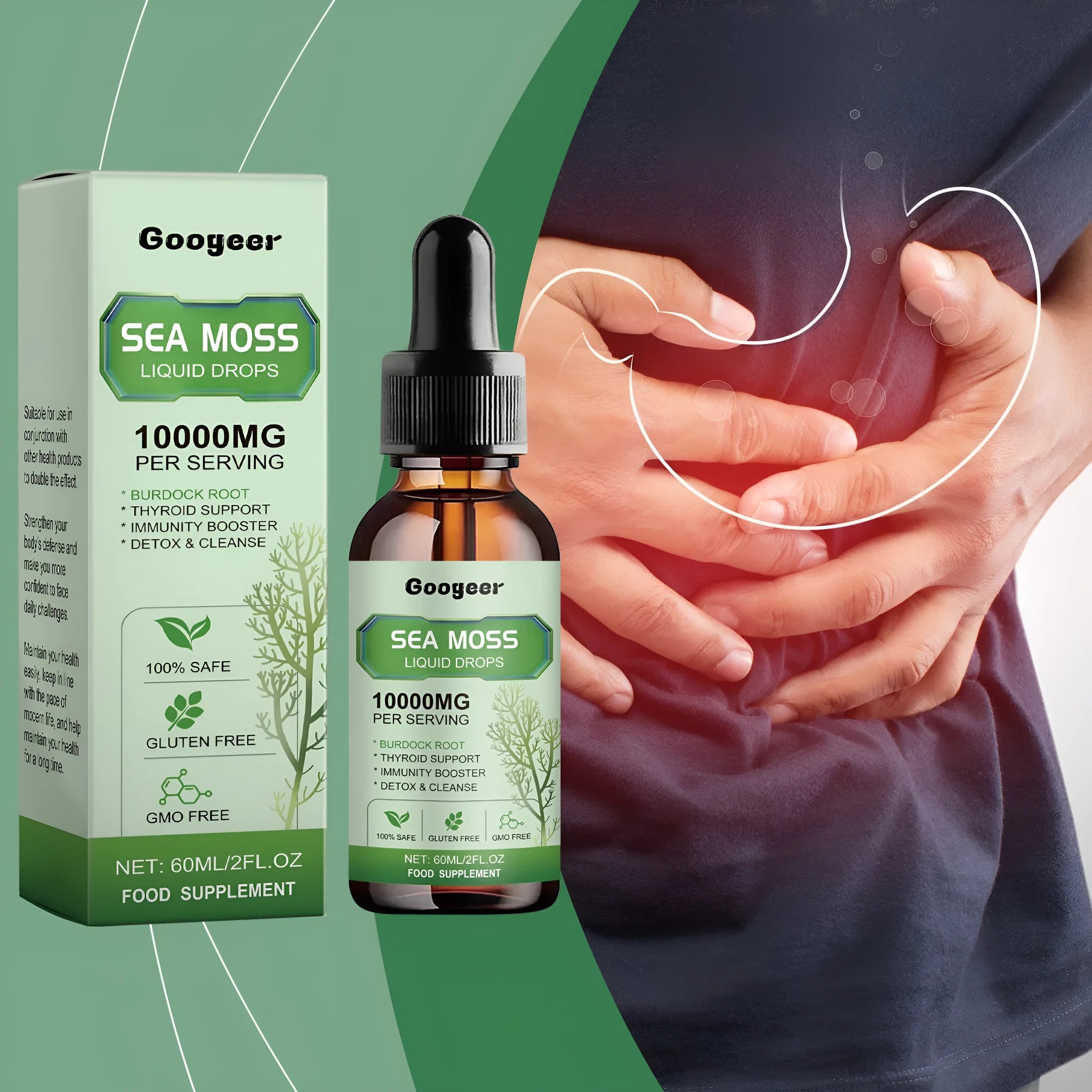 Googeer Sea Moss Liquid Drops body treatment bottle, 60ml capacity, 3.3x12cm.