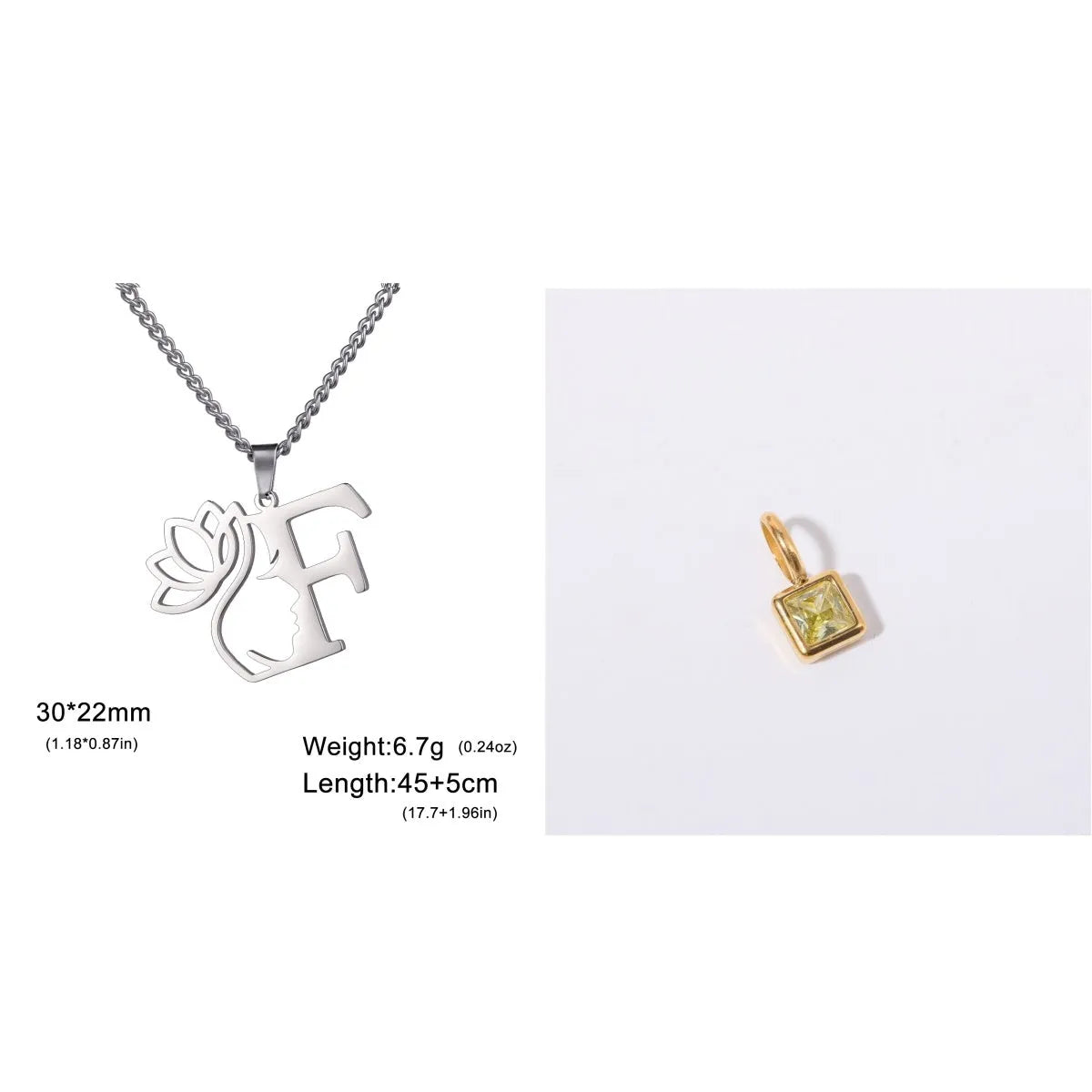 Stainless steel necklace with cross chain design and initial pendant in gold or silver finish