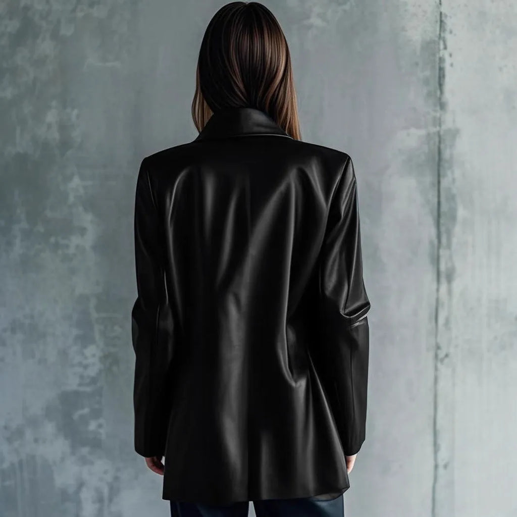 Women's solid black leather jacket with long sleeves, medium 65cm length, on a hanger.