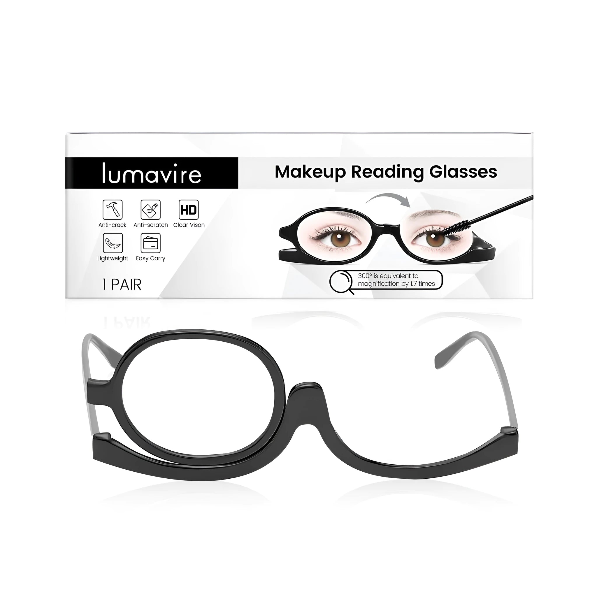 A pair of presbyopia reading glasses with a PC plastic frame and clear acrylic lenses for makeup application.