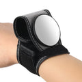 Black nylon wrist-mounted rear-view mirror for bicycles on a cyclist's wrist.
