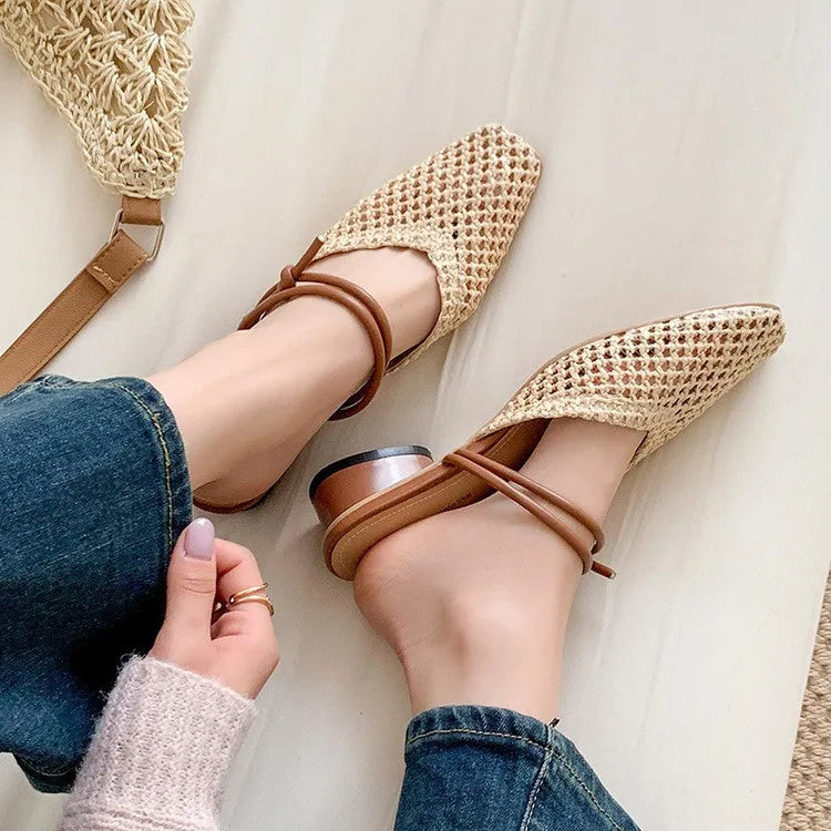 Women's French style square toe slippers with chunky heel in black, white and brown colour options