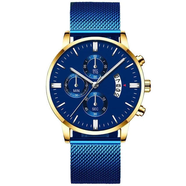 Mens stainless steel mesh band quartz watch with 4.2cm case in multiple colour options