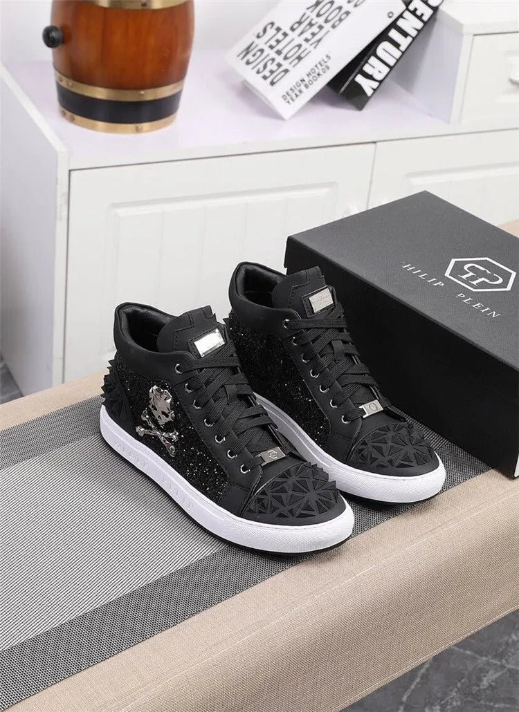 Men's black high top skeleton shoes with genuine leather upper and laced closure