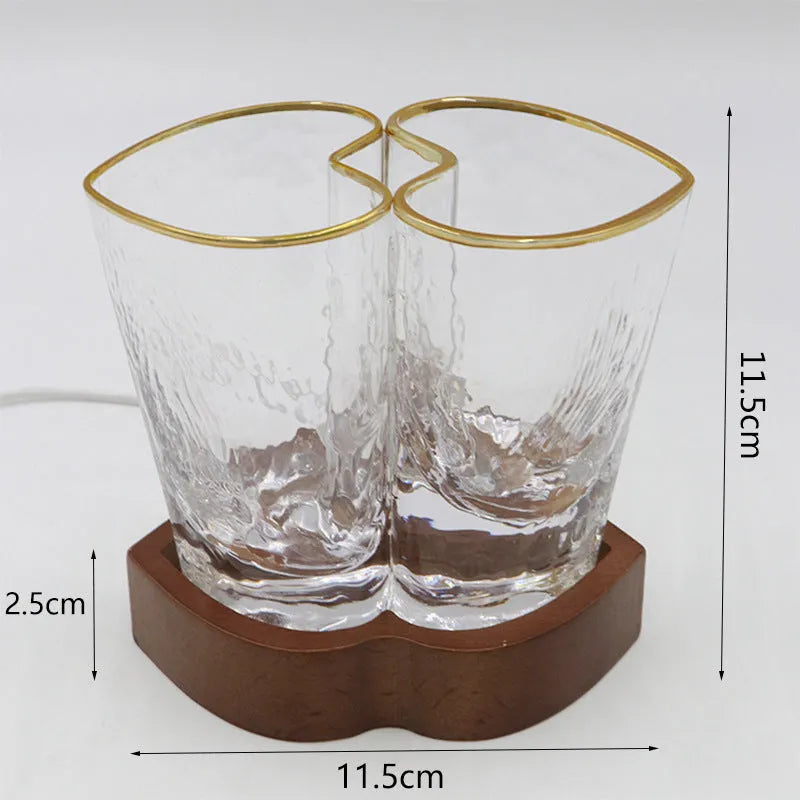Heart-to-heart transparent crystal glass night lamp on beech wood base with USB cable