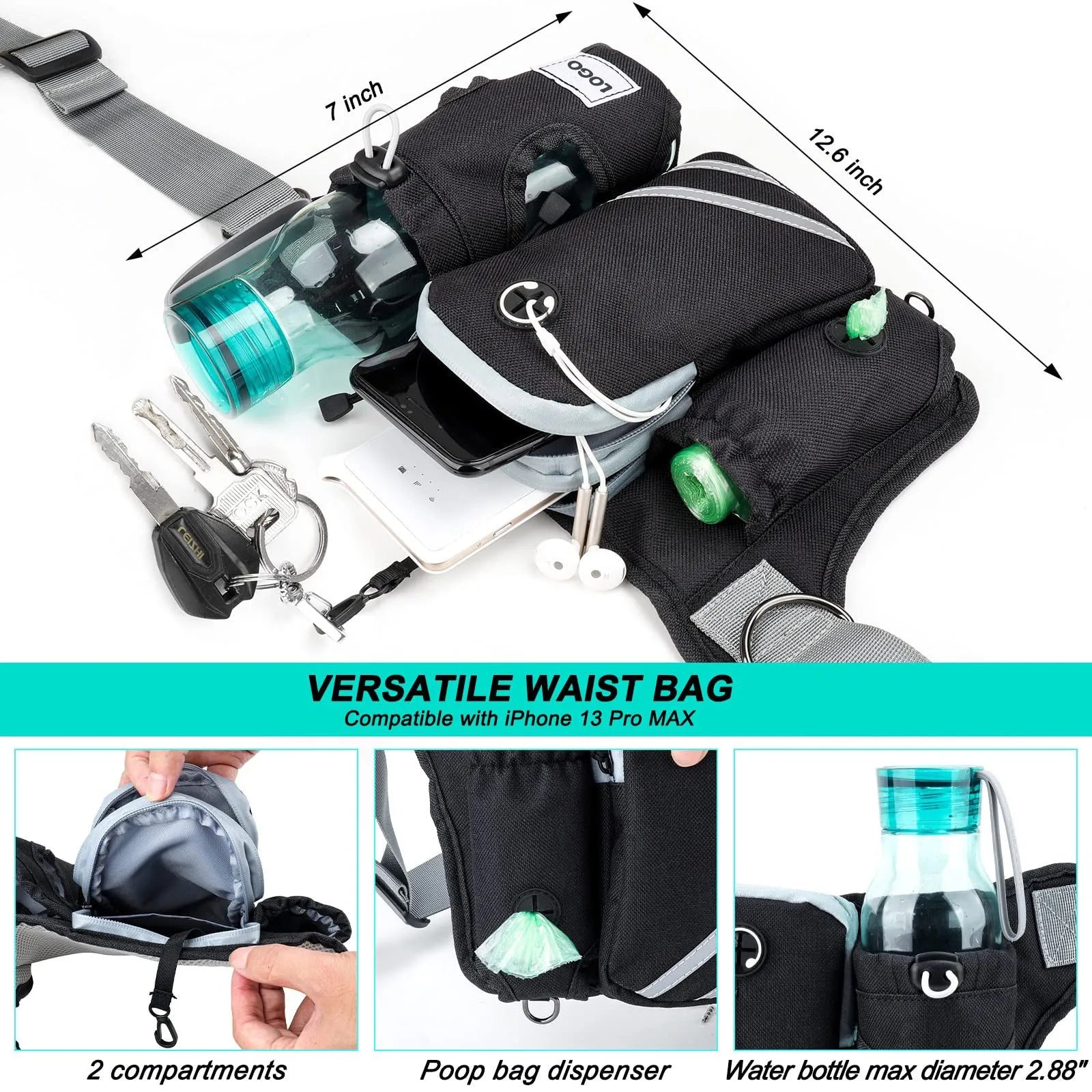 Black nylon dog walking waist bag with attached leash and collar for outdoor training