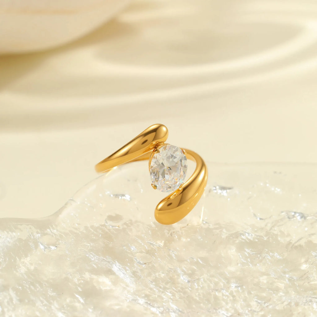 Geometric stainless steel women's ring with adjustable open mouth design and zircon details