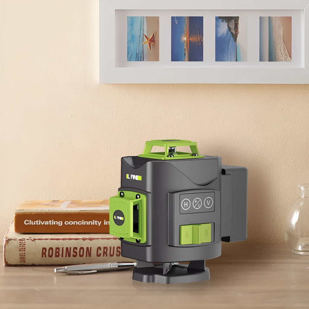 16-line 3D green laser level with aluminium and nylon construction measuring 11×13.5×13.5cm