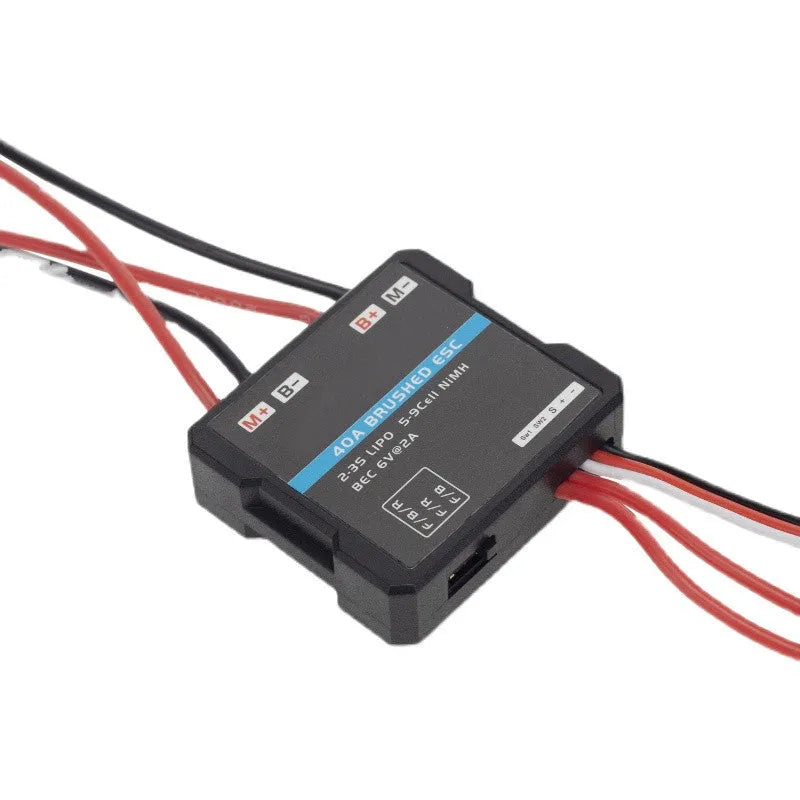 Small 40A brushed electronic speed controller for RC cars and trucks with climbing mode.